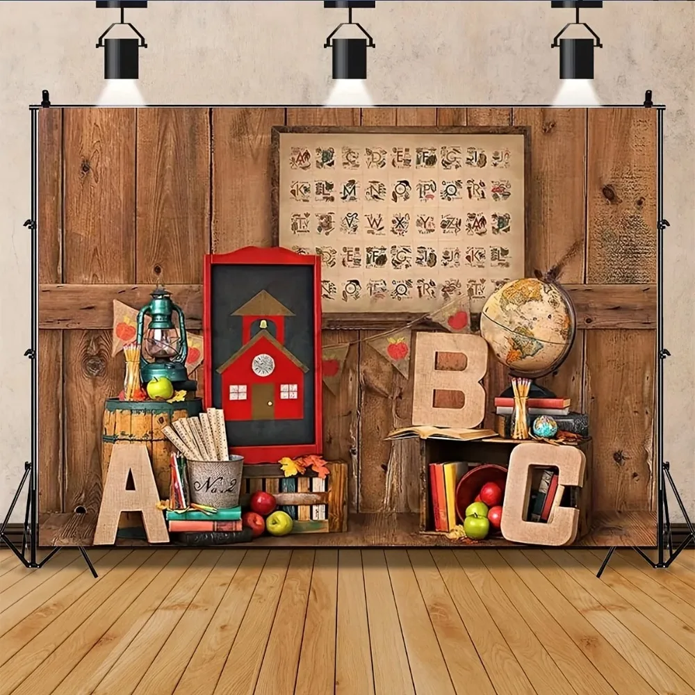Rücklaufbanner-Hintergrund für den Kindergarten, ABC-Retro-Holzhaus, Rücklaufdekorations-Requisiten für die erste Tag der Schule, Fotografie-Hintergrund