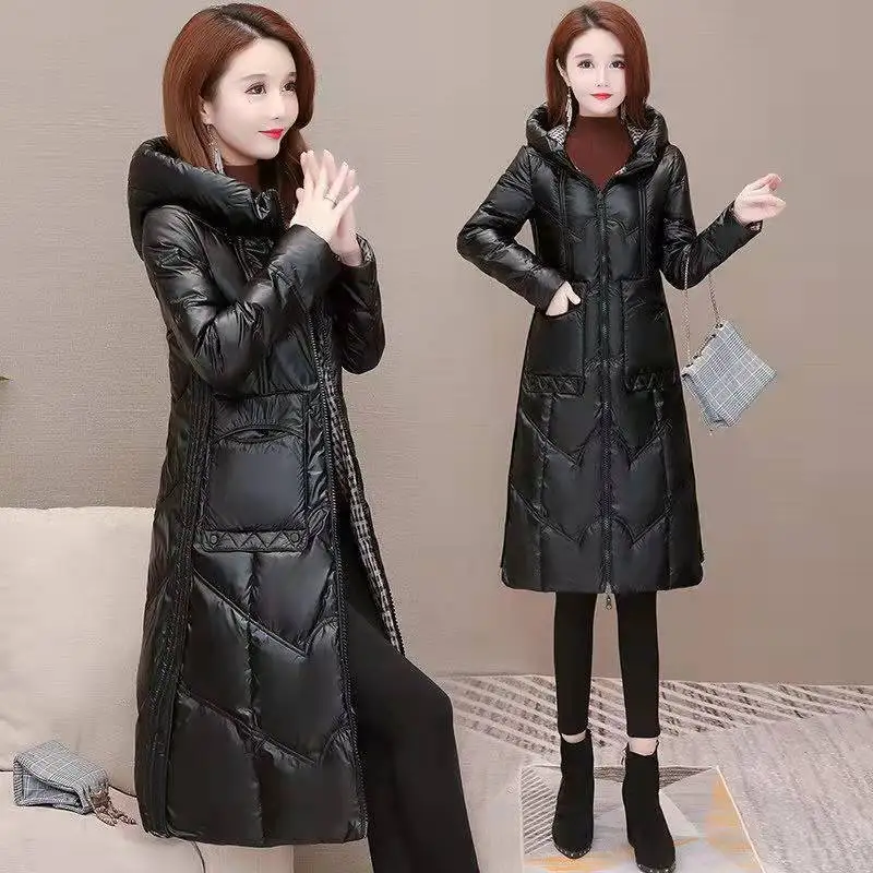 

Woman Cotton Padded Long Loose Hooded Collar Winter New Female Bright Color Over-the-knee Cotton-padded Jacket Coat Parkas G405