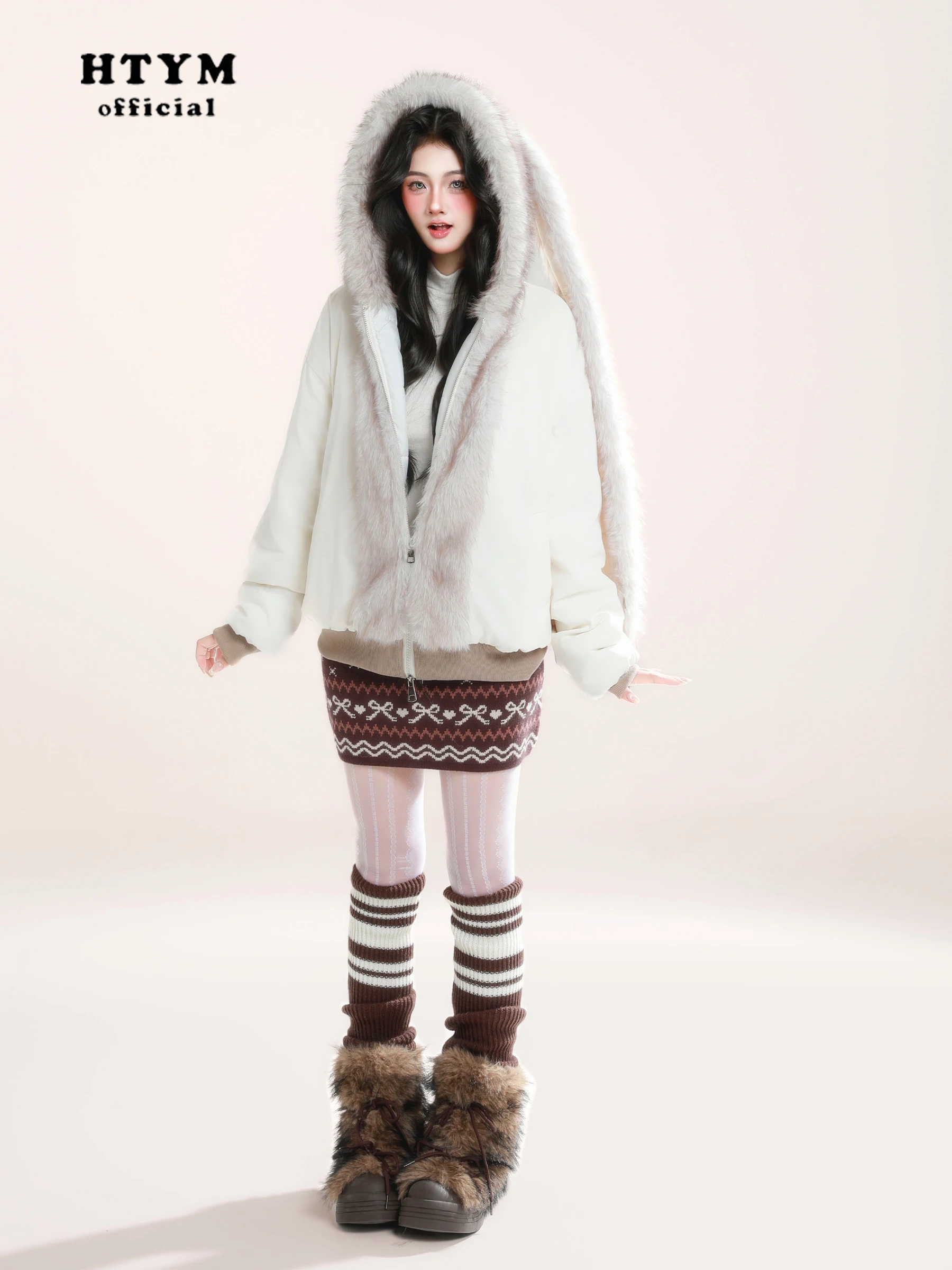 Japonês doce kawaii menina inverno fofo casaco de pelúcia bonito coelho orelhas longas com capuz zíper grosso quente curto parkas jaqueta para mulher