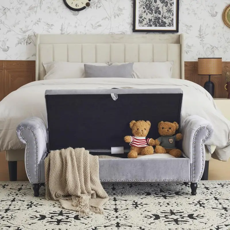 مقعد عثماني مستطيل للتخزين متعدد الوظائف باللون الرمادي المخملي مع وسادة - حل جلوس أنيق ومتعدد الاستخدامات للمنزل