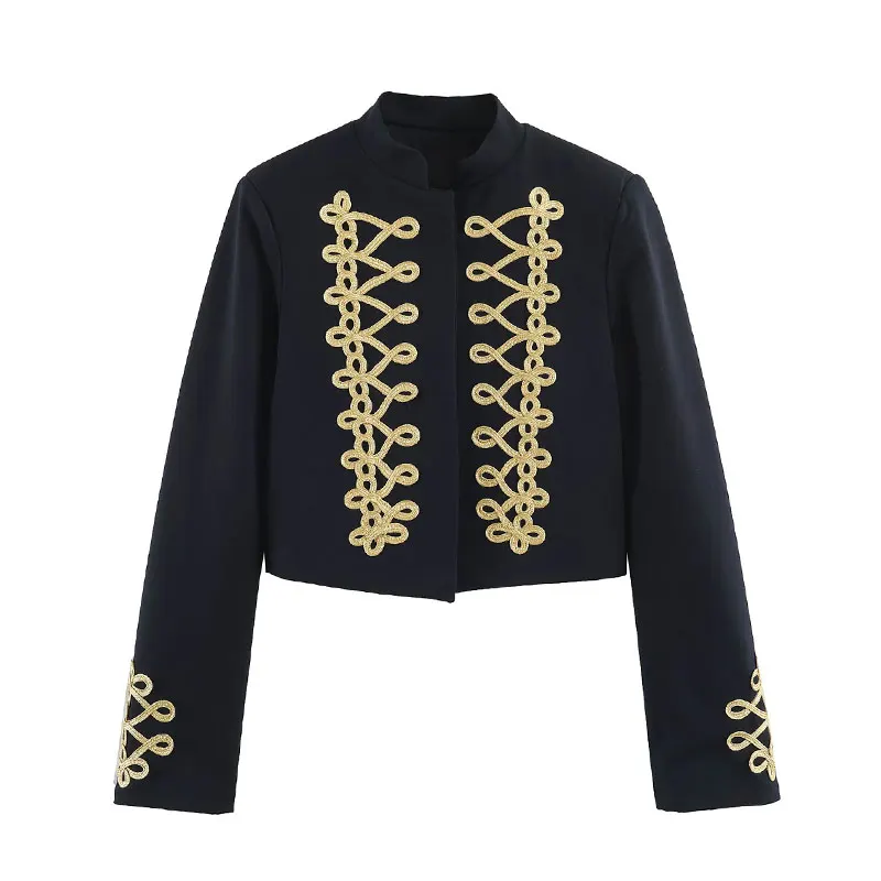 Nzgmsj 2026 Autumn Women Vintage Gold Embroidery Cropped Jacket Stand Collar Long Sleeve Elegant Short Fashion Casual Coat