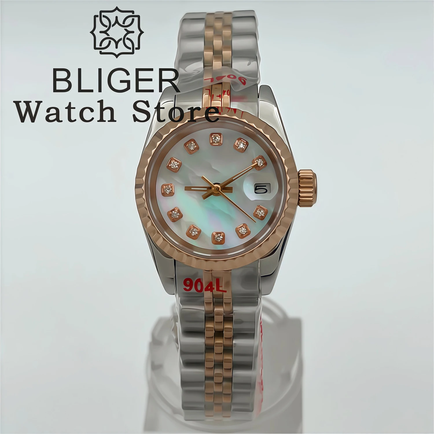 BLIGER 26mm 28mm Two Tone Gold Women Watch Diamond Pink Mother Pearl Dial 3 Point Date NH05 Movement Sapphire Glass Waterproof