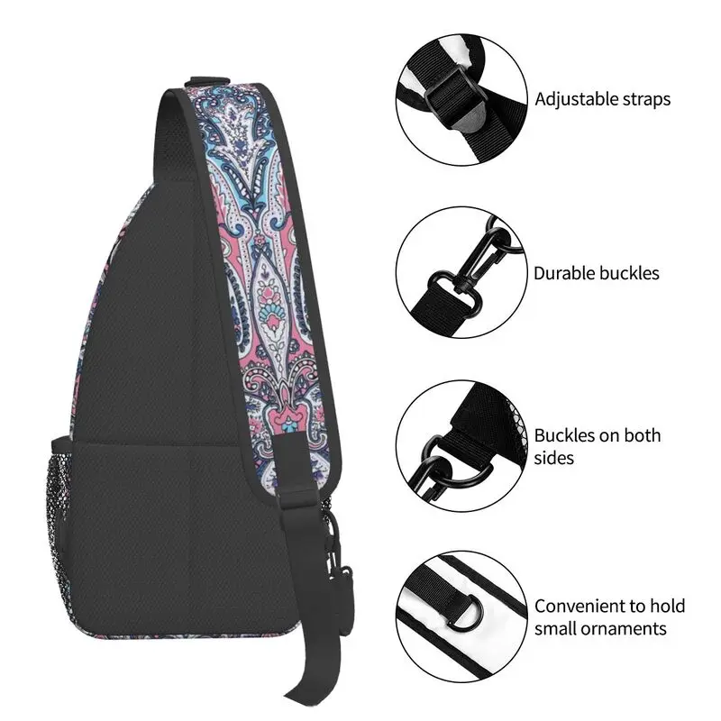 Mochila cruzada con estampado de Cachemira para hombre, bolso de hombro para el pecho, Arte Floral bohemio, mochila de día para ciclismo y acampada, Rosa del desierto y azul