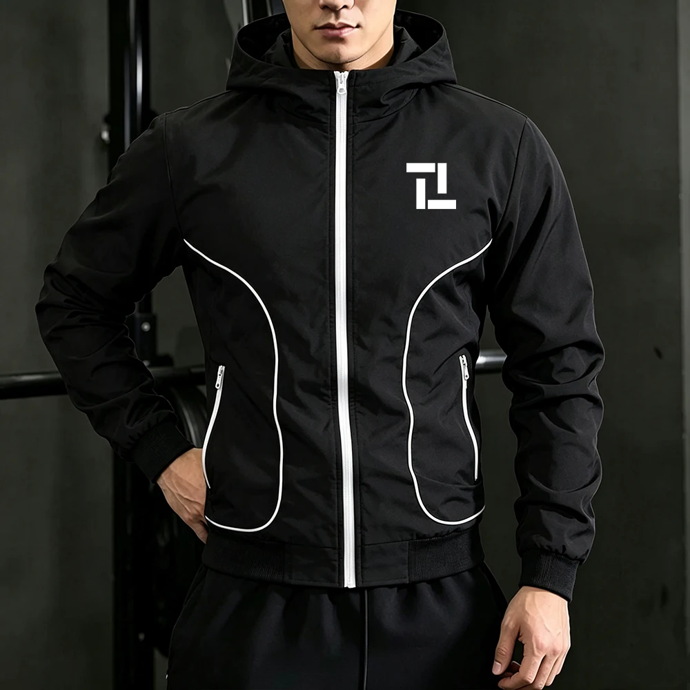 Men Full Zip & Side Stripes Stand Up Hooded Windbreaker Geometric Blocks Print Casual Sport Jacket for Streetwear Workout Tops