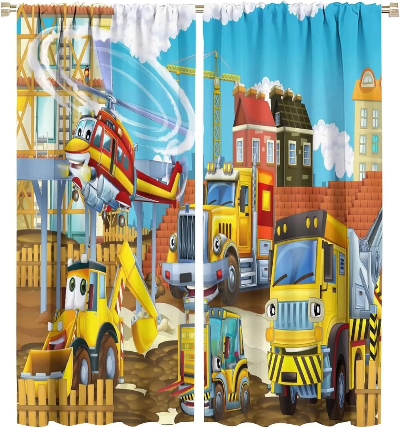 Kids Cartoon Construction Window Curtains, Funny Construction Site Cars and Helicopter Rod Pocket Decorative Windows Curtain for