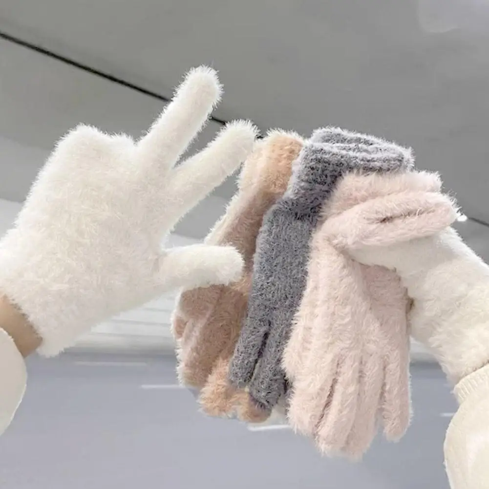 Women's Fashion Winter Mink Velvet Five Finger Gloves Warm Plush Cold-Proof Solid Color Wistiti Mittens for Outdoors Cycling