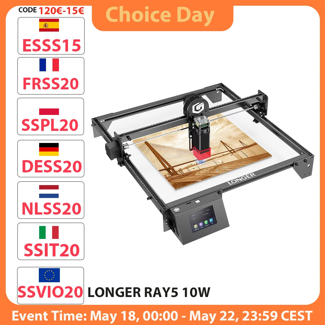 Graveur laser LONGER RAY5 10W, point laser de 0,06x0,06 mm, écran tactile, gravure hors ligne, chipset 32 bits, connexion Wi-Fi 400x400 mm