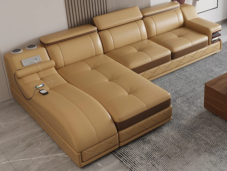 Massage leather sofa combination, modern and minimalist living room, villa furniture, intelligent size top layer cowhide sofa