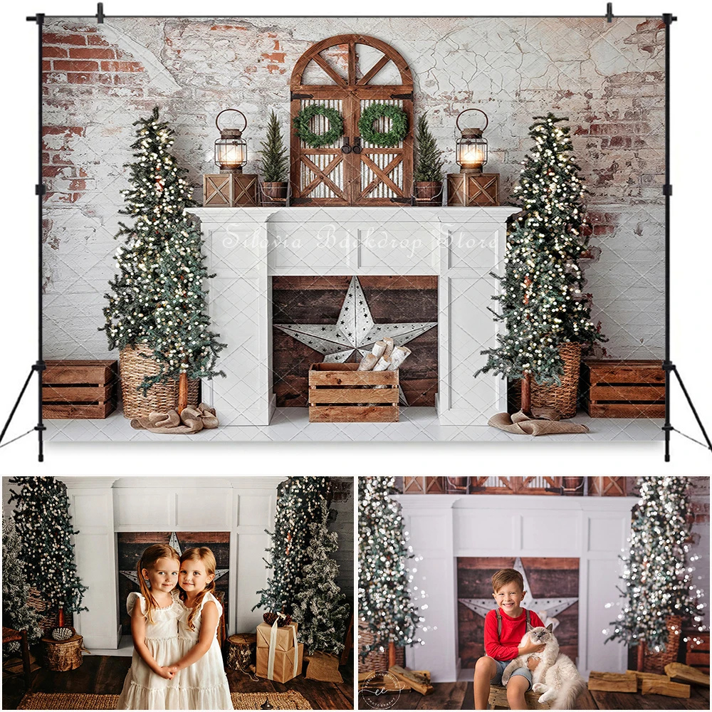 Vintage Rustic Holiday Photo Background Winter Christmas Fireplace Photography Backdrop Kids Cake Smash Photo Studio Props