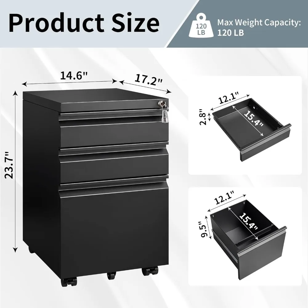 File Cabinet 3 Drawers, Under Desk Mobile Filing Cabinet with Lock, Fully Assembled Except Casters, File Cabinet