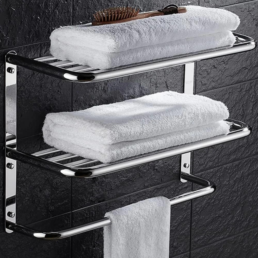 

2-Tier Towel Rack Floating Shelf with Towel Bar, 20-Inch W x 8.25-Inch D Bathroom Hotel Towel Shelf, Wall Mount, Mounting Hardwa