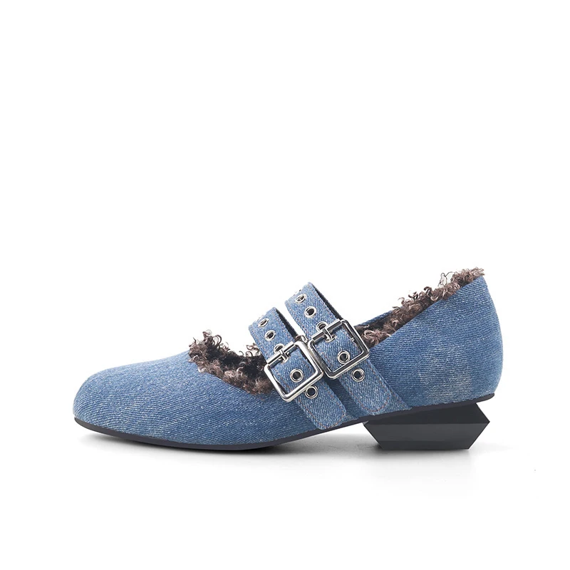 

Metal buckle straps decoration 4cm med heel denim shallow round toe comfortable daily wear women pumps HL554 MUYISEXI