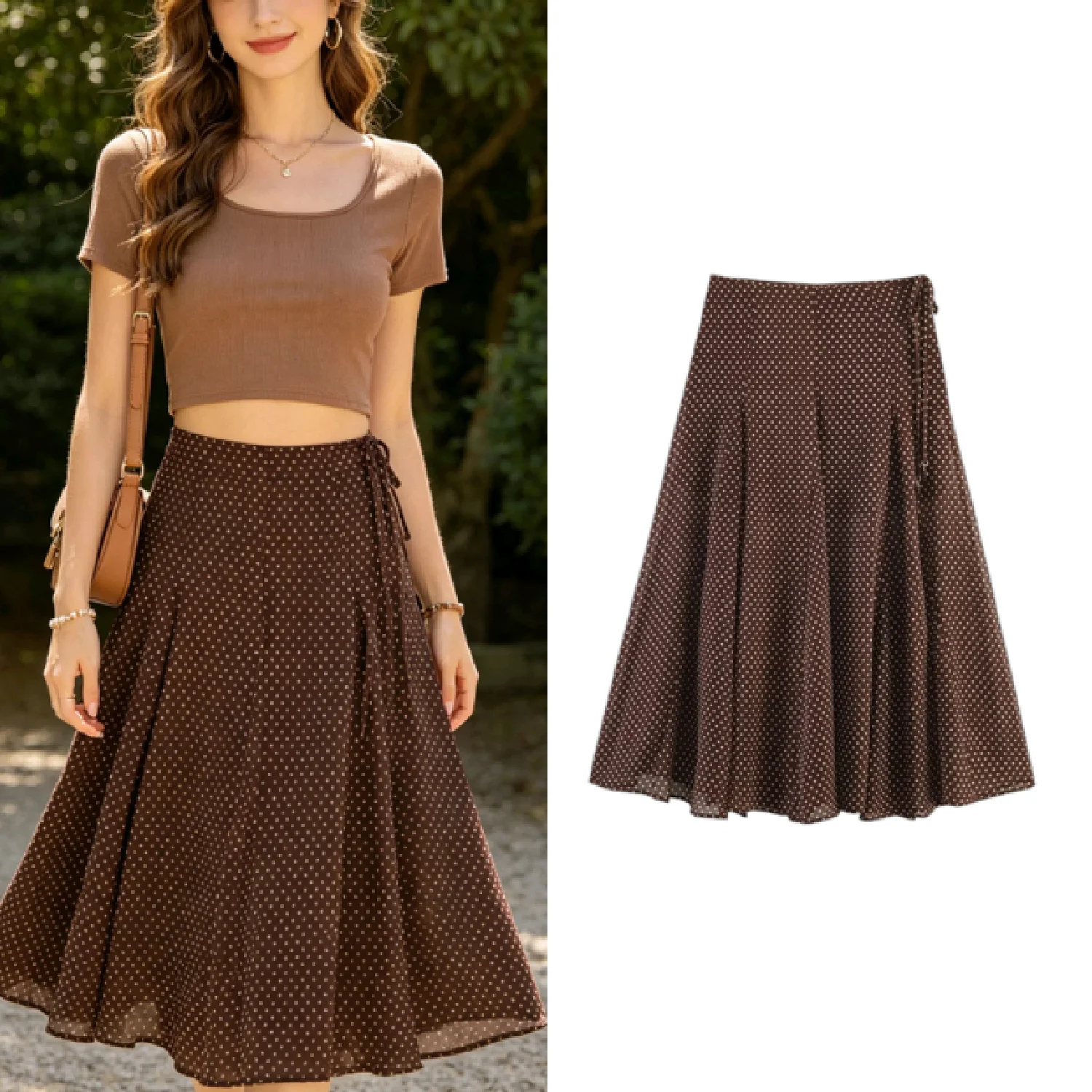 Vintage Women Polka Dot Midi Skirt Brown Retro High Waist Chiffon A Line Long Skirt Summer 2026 Stylish Casual Flowy Skirt
