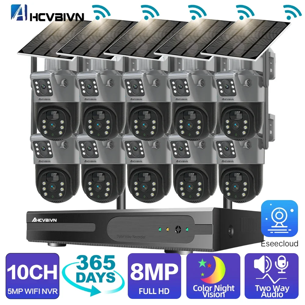 

10CH 5MP WiFi NVR 8MP Solar Powered Wireless Camera Kit Remote Access Built-in Battery Low Power Consumption Network CCTV Camera