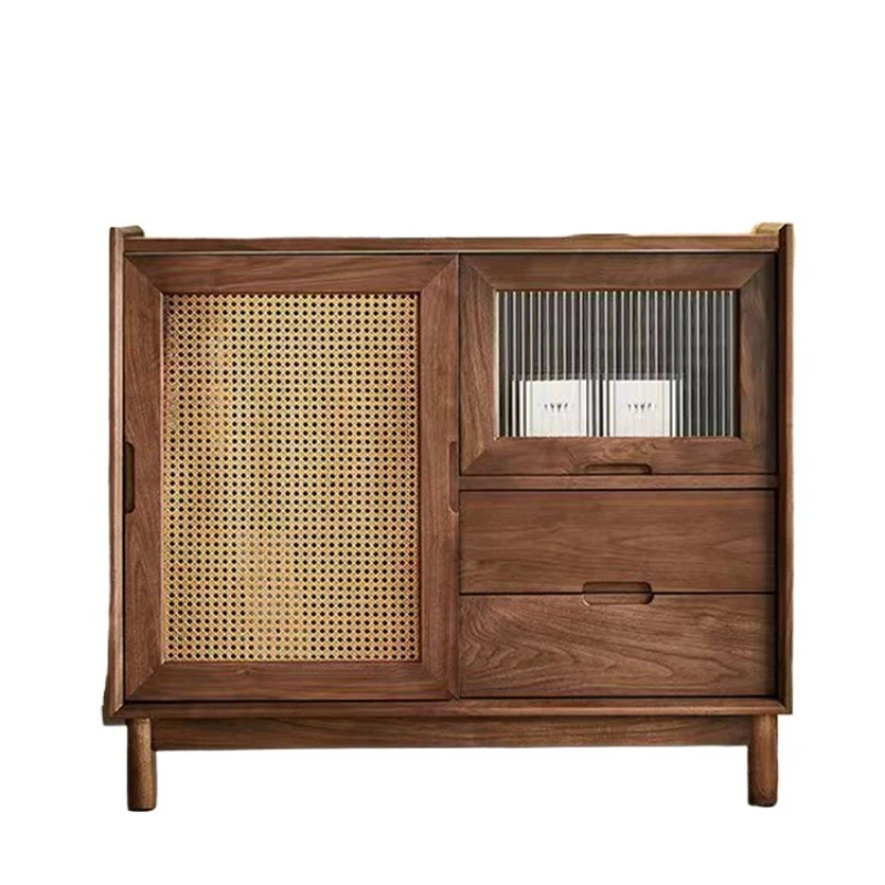 New Chinese style North American black walnut tea water cabinet solid wood Zen boiling table dining sideboard rattan
