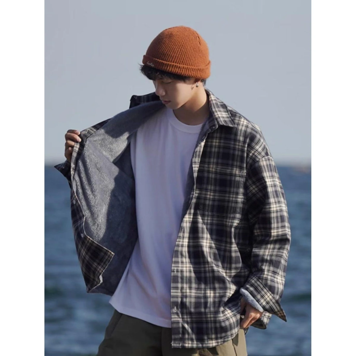 

Men's Plaid Long Sleeve Fleece Lined Thickened Shirt Autumn Winter New Style Youthful Trendy Outerwear Cleanfit Polyester Fiber