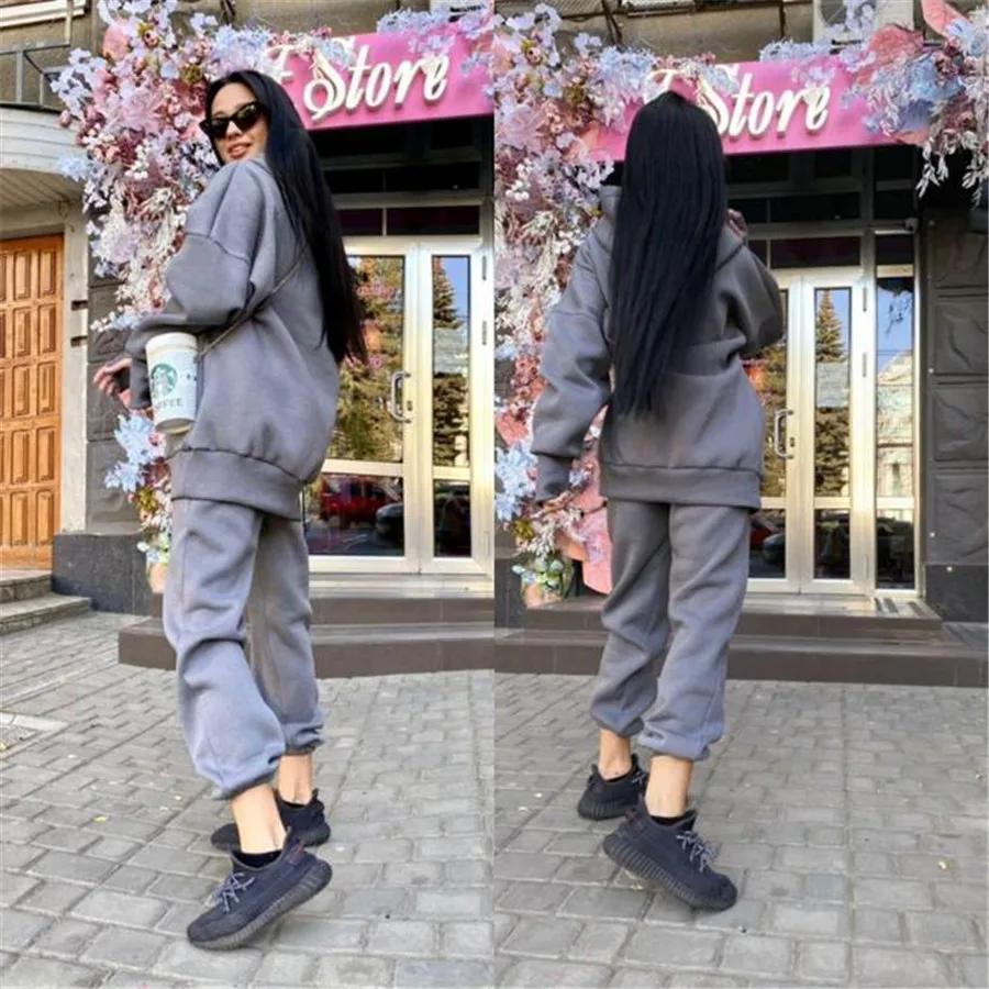 Winter Two Piece Set Women Tracksuit Oversized Suit 2022 Autumn Trouser Suits Female Sweatshirt Solid Sports Hoodie Sportswear