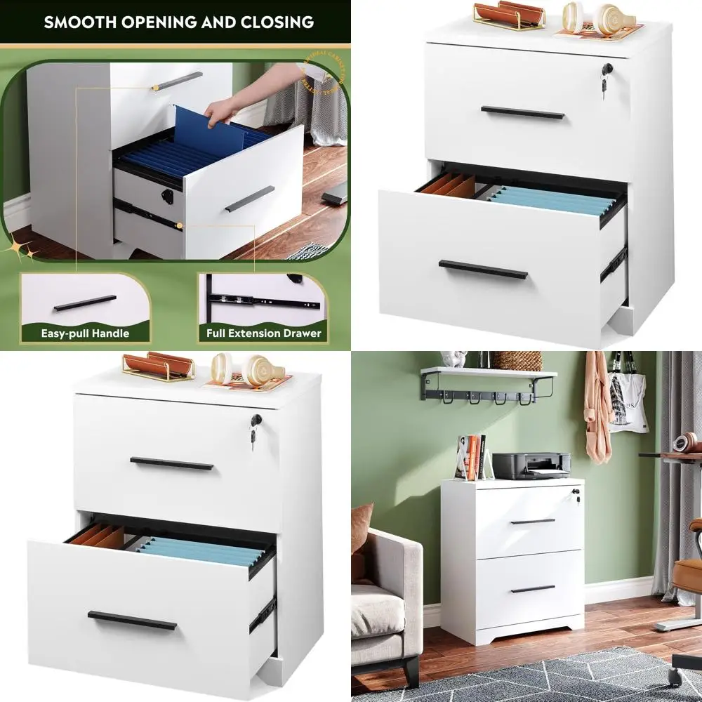 

Белый деревянный шкаф для документов с 2 выдвижными ящиками и замком для дома и офиса