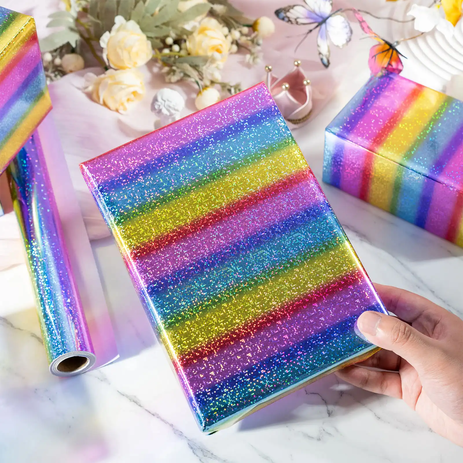 Colorful Holographic Wrapping Paper, Cute Rainbow Point Gift Wrap Paper for Birthday, Valentine's Day, Mother's Day, Wedding, Christmas - 43cm x 10m