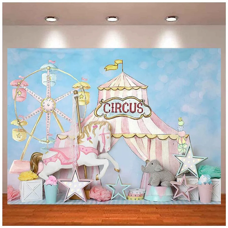 

Photography Backdrop Circus Carousel Girl Tent 1st Birthday Cake Smash Kids Party Portrait Photo Background Banner Studio Props