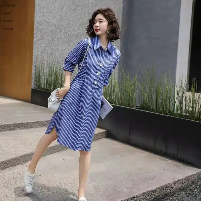 

Fashion Striped Shirt Dress Women's Medium and Long New Dress Loose and Thin Temperament Small Skirt Niche Exquisite Minority