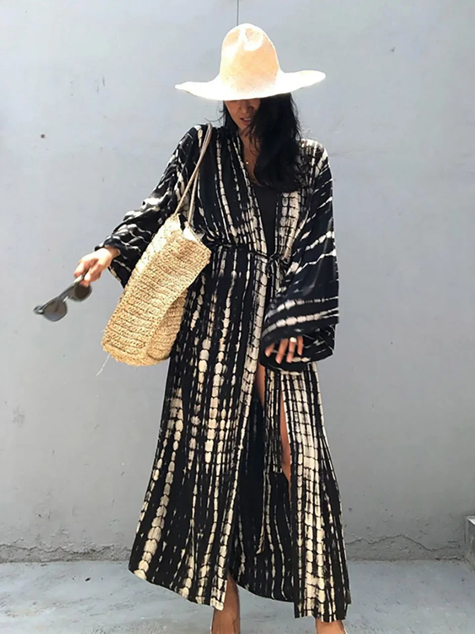 

New Striped Tie Dye Kimono Beach Cape Women Bikini Cover Up Pareo Have Belt Separately Cardigan Summer Outfits Dresses Beachwear