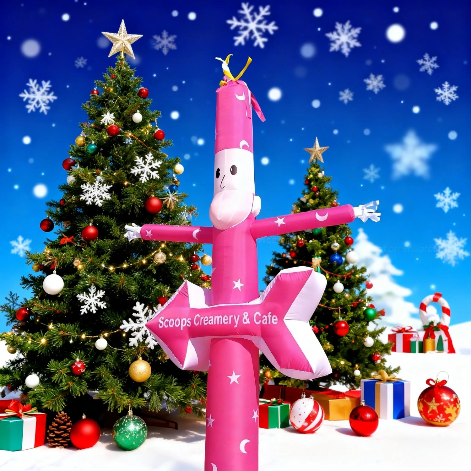 

Pink inflatable advertising doll for Christmas season; arrow indicates store opening and attracting customers; cartoon air model