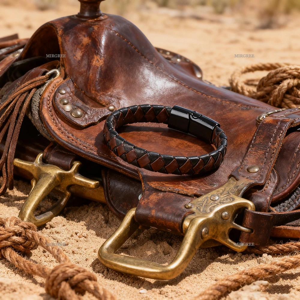 قطعة واحدة من سوار جلد البولي يوريثان المنسوج باللون الأسود والبني للرجال، مجوهرات عصرية عتيقة، هدية مثالية للرجال للمغامرات الخارجية #3