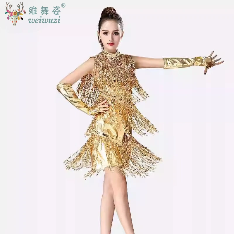 

Adult Sequins Tassel Latin Dance Dress Women Professional Tango Skirt Jazz Salsa Dancing Costume Clothes Competition Wear Gloves