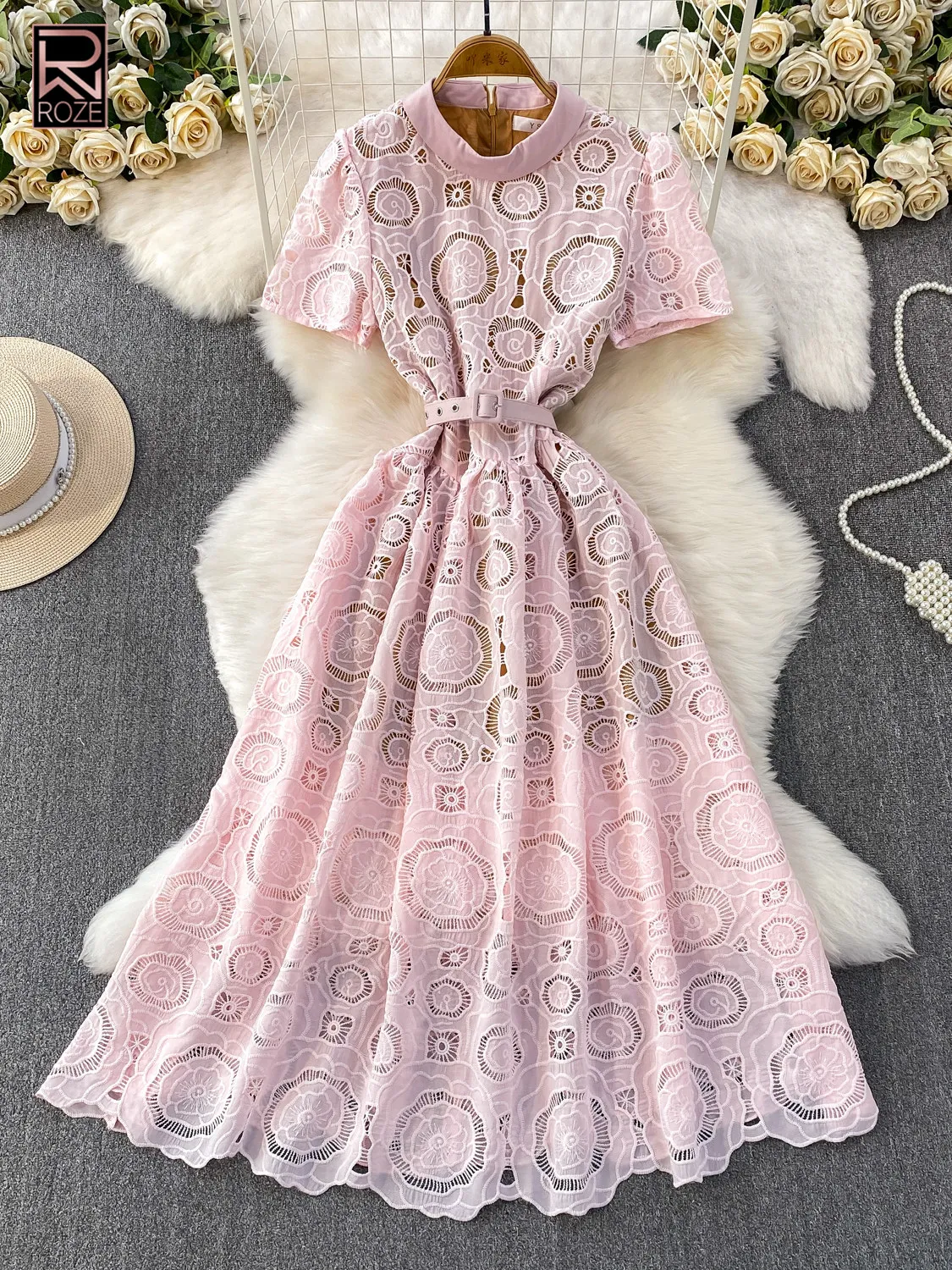 

French Soft Style Pink Hollow-out Lace Round Neck Dress Women Spring Autumn Tie-Waist Slimming A-Line Midi Dress