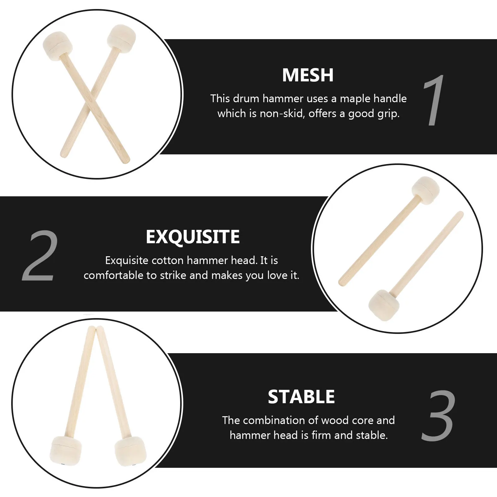 Bacchette per batteria da 2 pezzi, manico in legno, feltro di lana, martello per grancassa, strumento a percussione professionale, accessori musicali