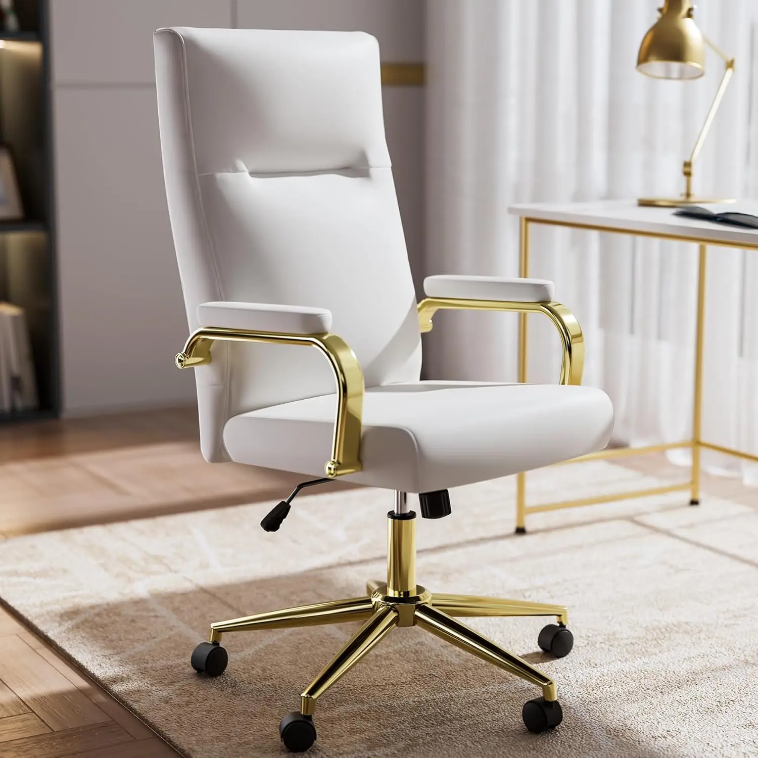 White and Gold Office Chair, Leather Desk Chair with Wheels and Arms, High Back Executive Computer Chair for Girl and Women