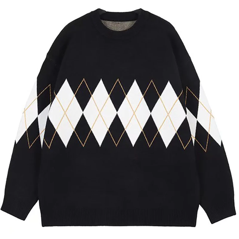 

Y2K зимний мужской трикотажный свитер с ромбовидным узором, комфортный свободный мужской пуловер с круглым вырезом, вязаные свитера, винтажный джемпер