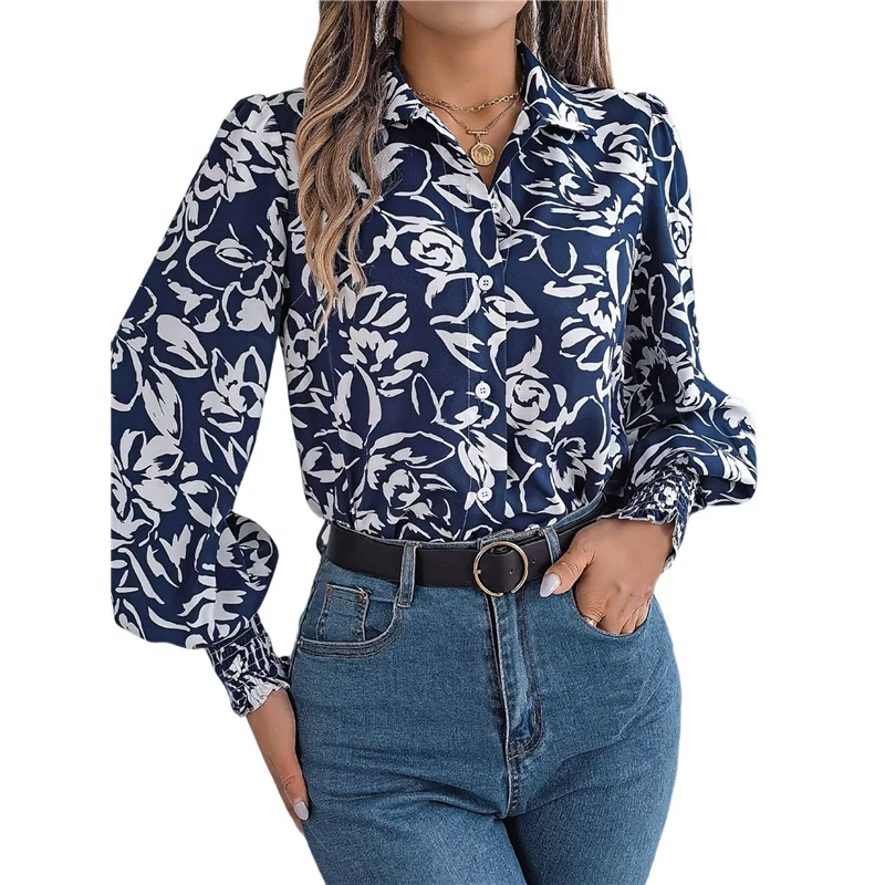 

Women's Floral Blouses Dressy Casual V Neck Button Down Shirts Lantern Long Sleeve Boho Chiffon Tops 2025-A55G