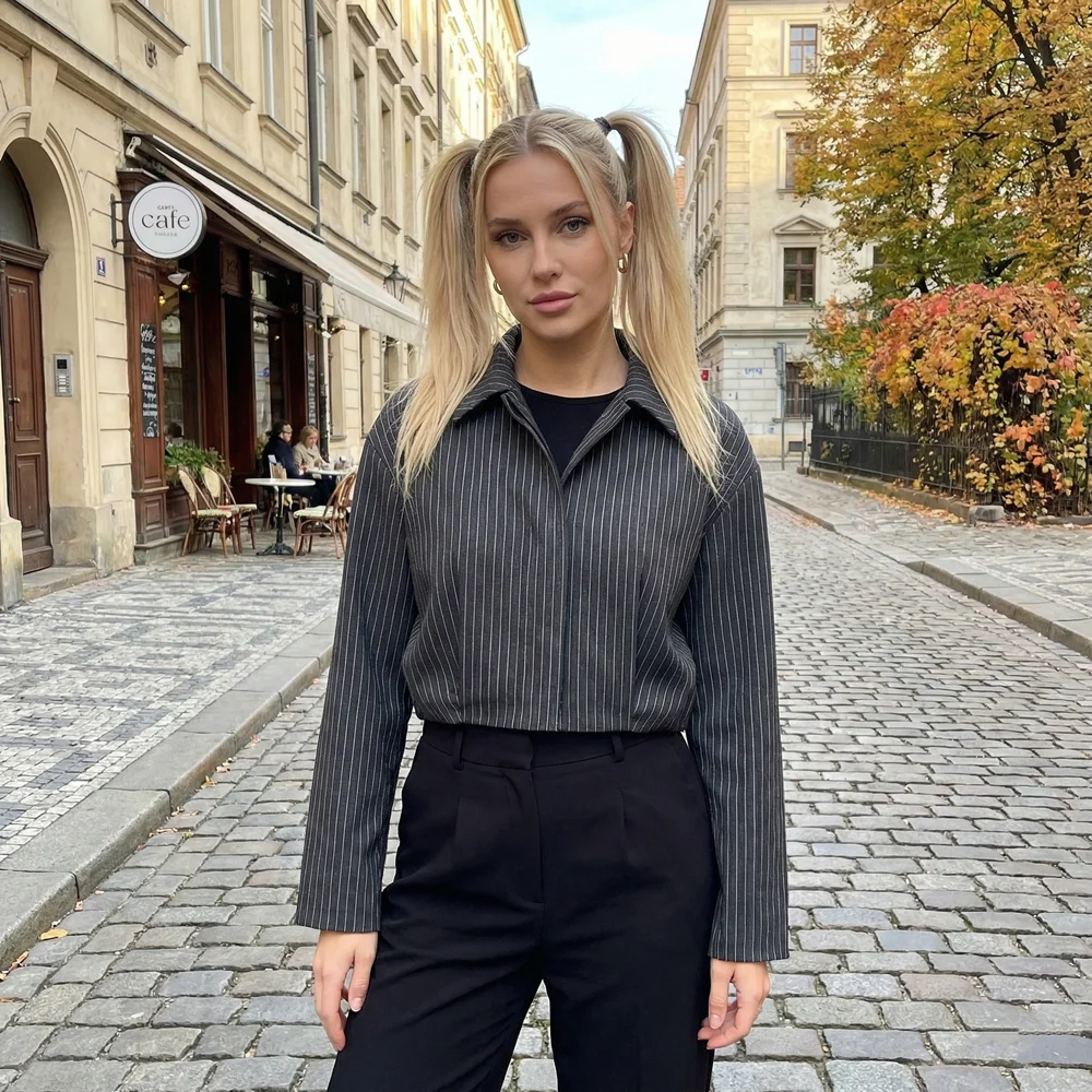 

New Women's Casual Fashion Lapel Long Sleeve Short Striped Bomber Jacket Ladies Outwear