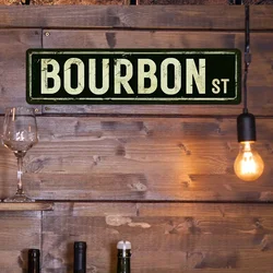 Add Character: Retro-Style Bourbon Street Metal Sign | Perfect Distressed Finish Wall Art for Your Bar, Pub, or Club