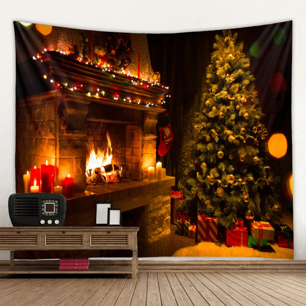 Fireplace Christmas tree print tapestry  room wall decoration backdrop fabric home decor  tapeçaria de natal