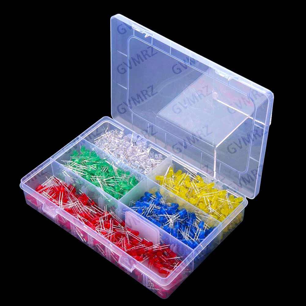 5Values 1000PCS 5mm LED Light Emitting Diode Red Green Yellow Blue White DIP Each 200PCS Green Yellow