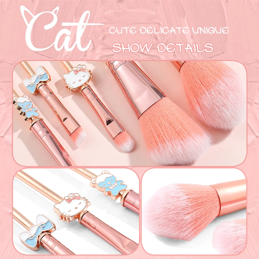 مجموعة فرش مكياج هالو كيتي مكونة من 5 قطع مع حقيبة مستحضرات تجميل وردية لطيفة - هدية مثالية للفتيات، #2