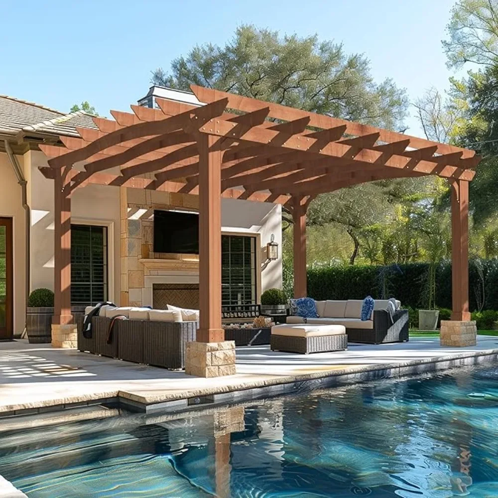 12 X14 FT Pergola, Cedar Wood Gazebo with Flat Roof, Outdoor Garden Shelter with Stakes Included, Patio, Deck, Backyard