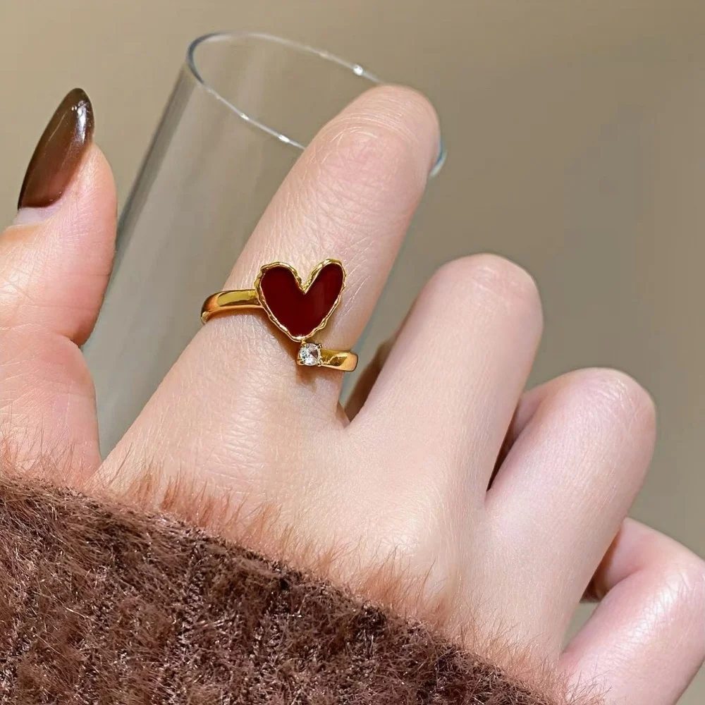 Retro Red Enamel Love Women Ring Simple Gold Color Open Ring Fashion Party Jewelry Trend Wear Accessories