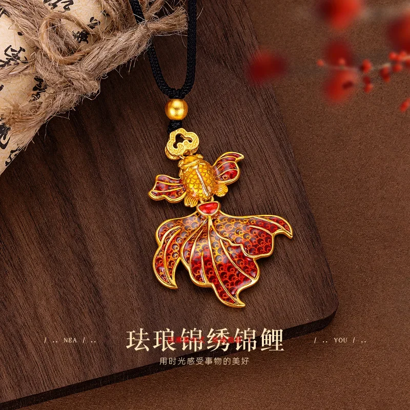 VivoGoldWomen's Versatile 9999 24K Real Gold Red Goldfish Black Rope Pendant New Chinese Enamel Bright Fishtail Pendant Sweater