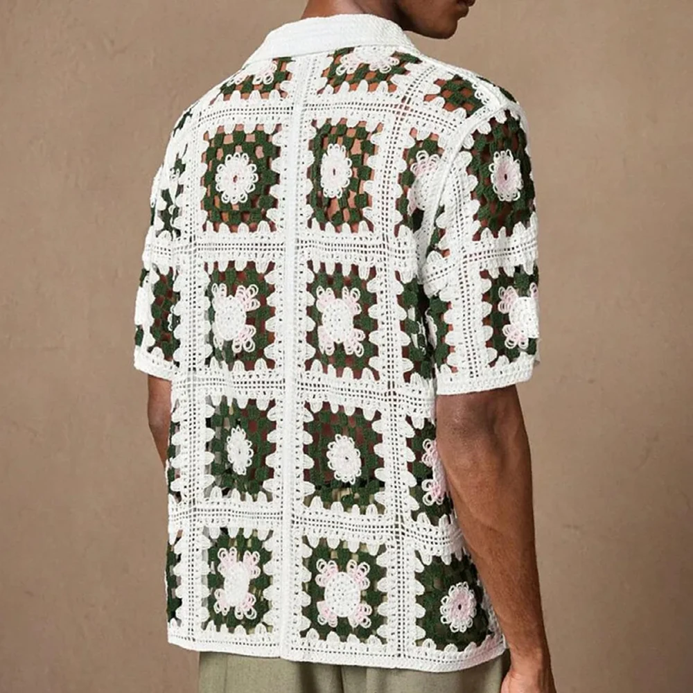 

2025 Summer New Men's Hollow Knitted Short Sleeve Shirt French Retro Fashion Trend Casual Loose Breathable Niche Men's Tops