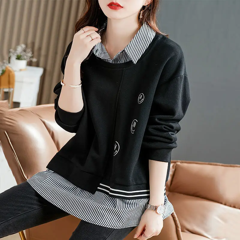 Spring Autumn Fake Two Pieces Turn-down Collar Pullovers Fashion Striped Spliced Casual Long Sleeve Sweatshirts Women\'s Clothing