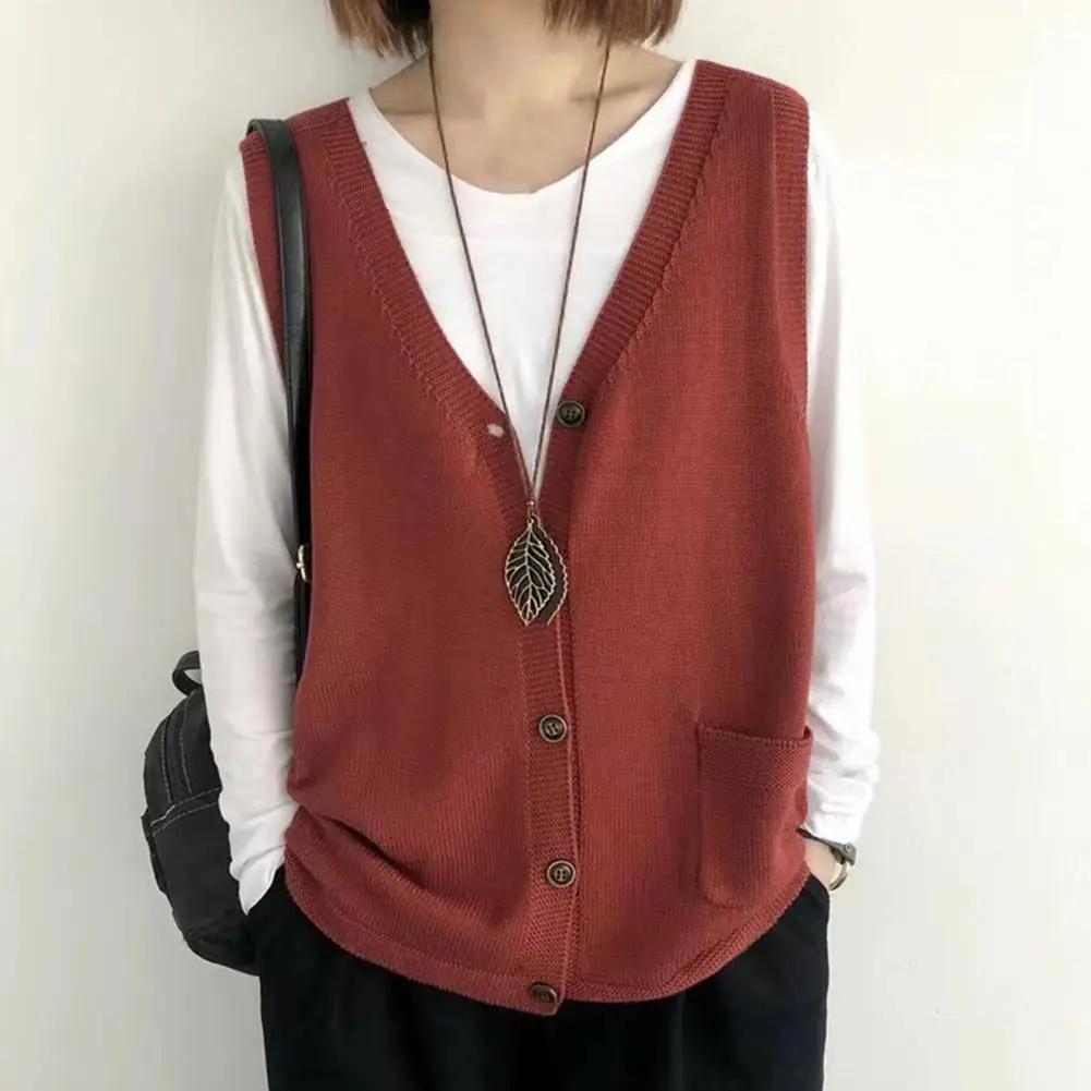 Knitting Vest Women Vest Cozy V-neck Knitting Vest for Women Warm Waistcoat with Pockets Solid Color Loose Fit Tank Top Women