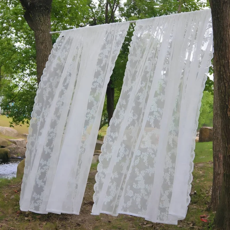 2pcs Outdoor Lace Curtain German Style White Flower Sheer Rod Pocket Curtain Lace Window Transparent Curtains Home Decor