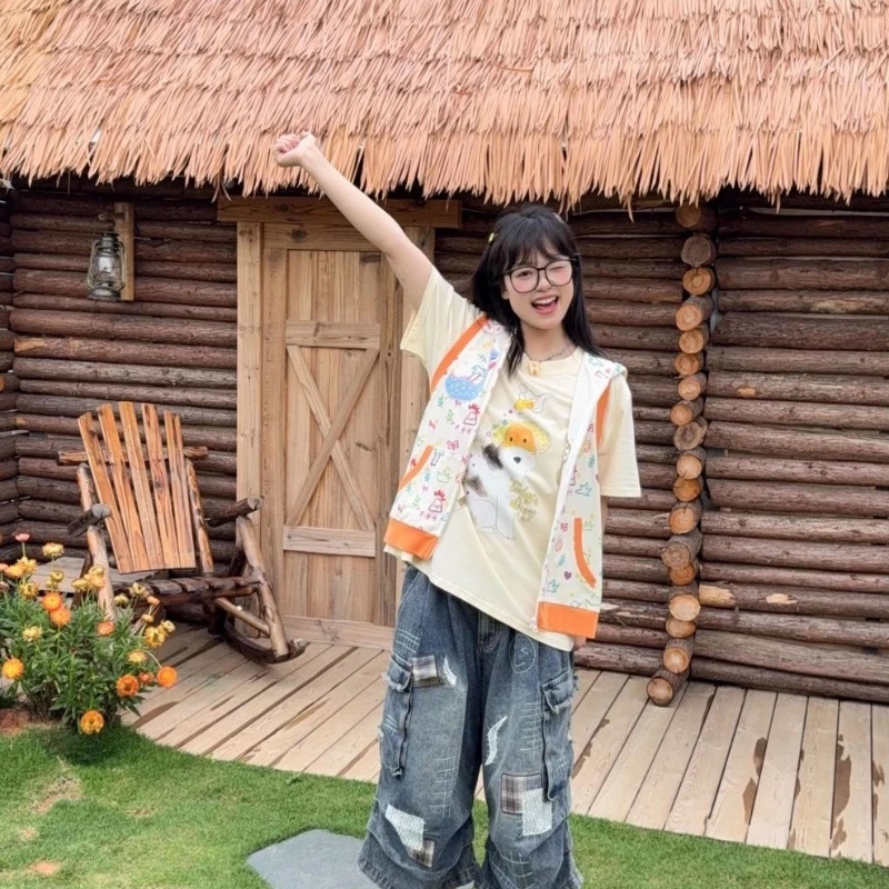 Japanese Anime Subculture Y2K Graffiti Hooded Women's Waistcoat Original Design Sweet Cute Age-Reducing Sleeveless Jacket Ladies