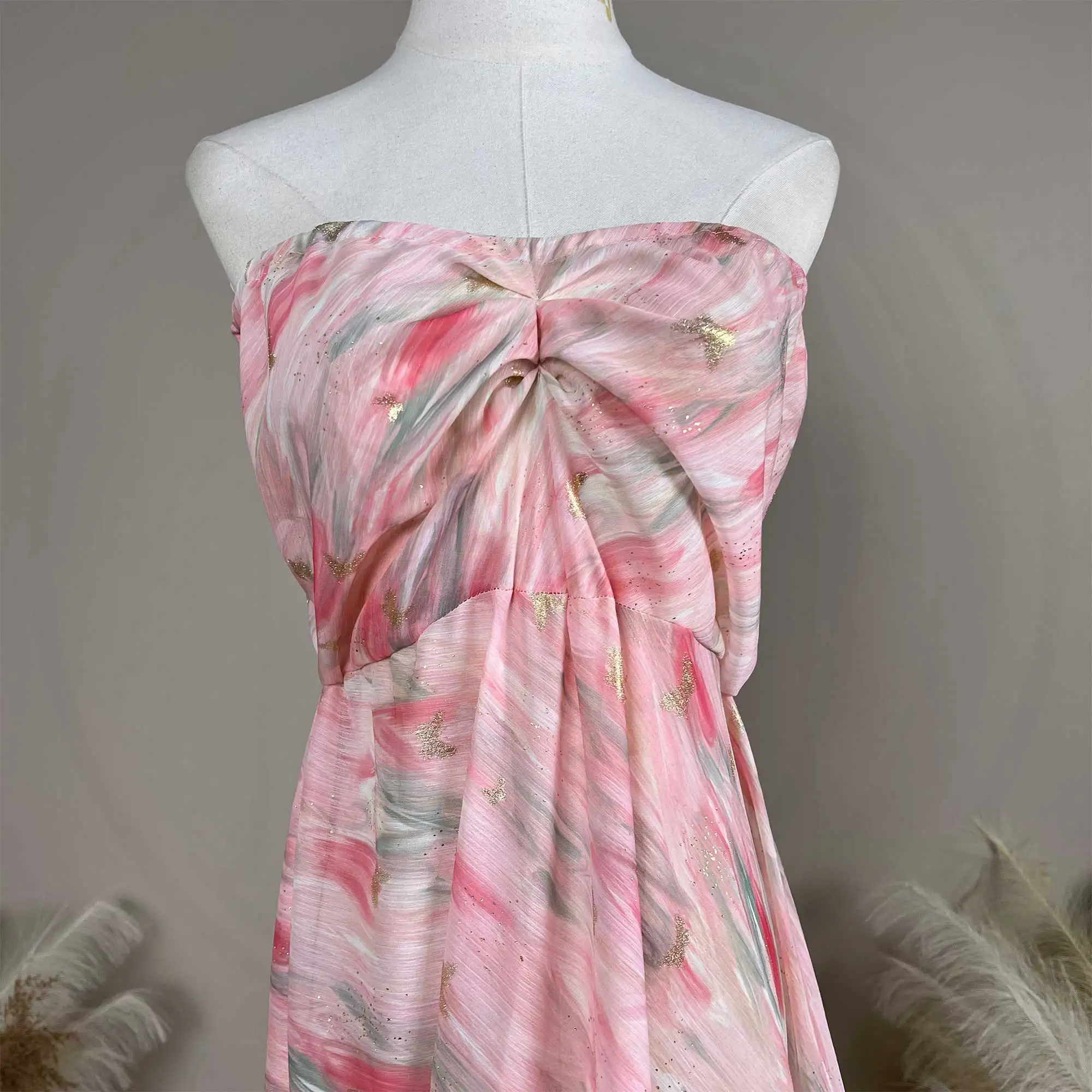 Don&Judy Strapless Twisted Bustier Maxi Dress with Pink Abstract Watercolor Print and Flowy Chiffon Skirt Gown Photography Dress