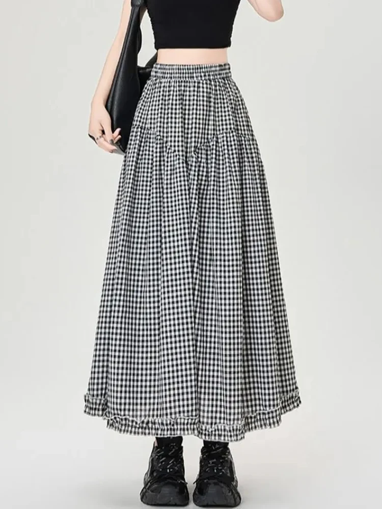 Vintage Plaid Long Skirts Women Loose Y2k High Waist A Line Skirts Japan Retro Casual All Match Black White Plaid Skirt New