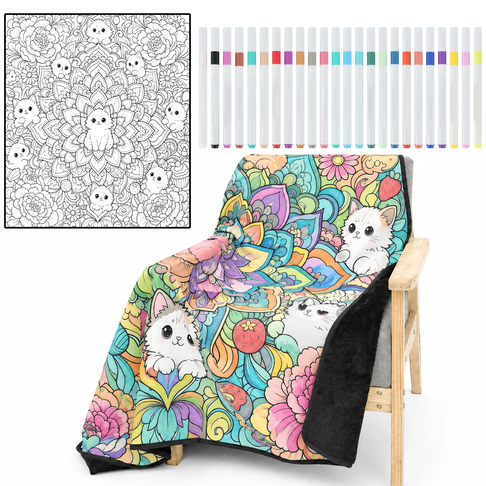 DIY Coloring Blanket Washable Reusable Throw With 24 Markers Personalization Pattern Blanket Stress Relief Unique Paint Art